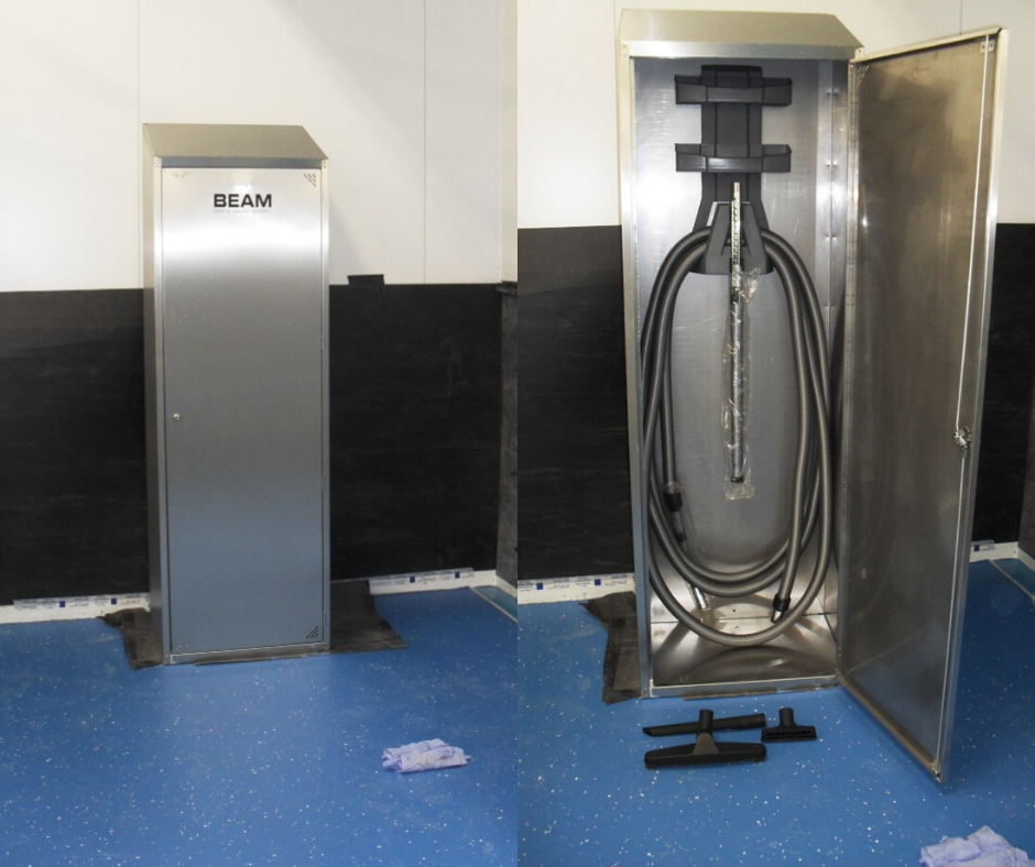 Beam central vacuum system stored on hose hanger in locker